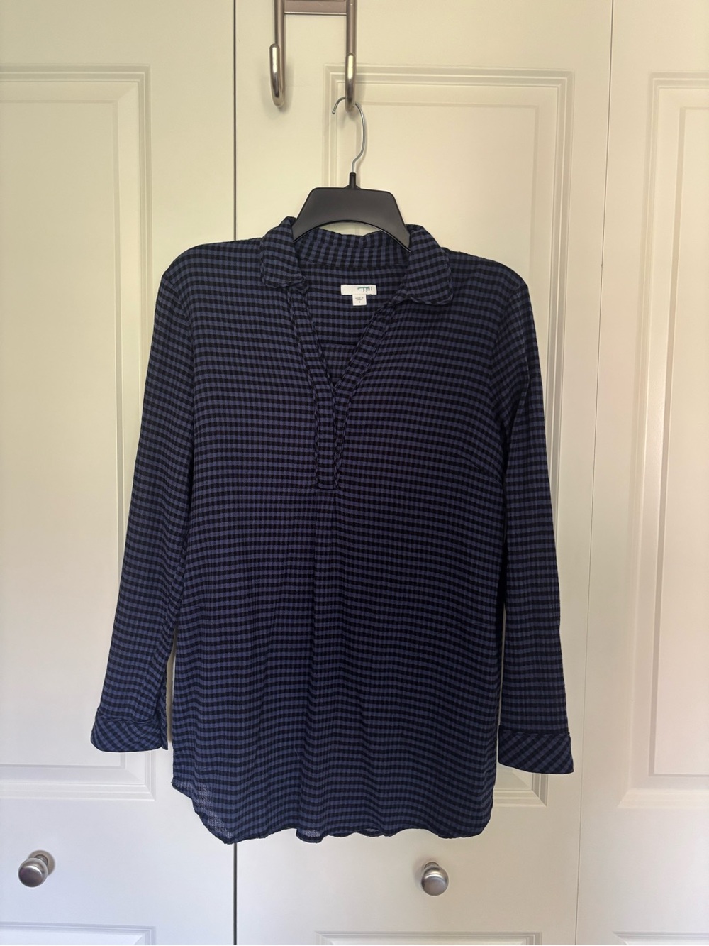 J Jill Women's Blue black Gingham Long Sleeve Collared Pullover Top sz small.